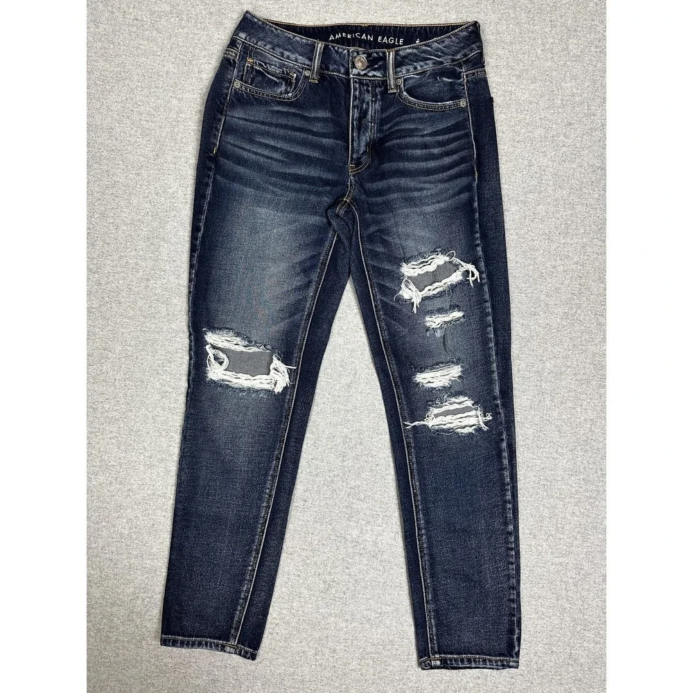 American Eagle Jeans Womens 2 Blue Tomgirl Distressed Ripped Denim High‎ Rise